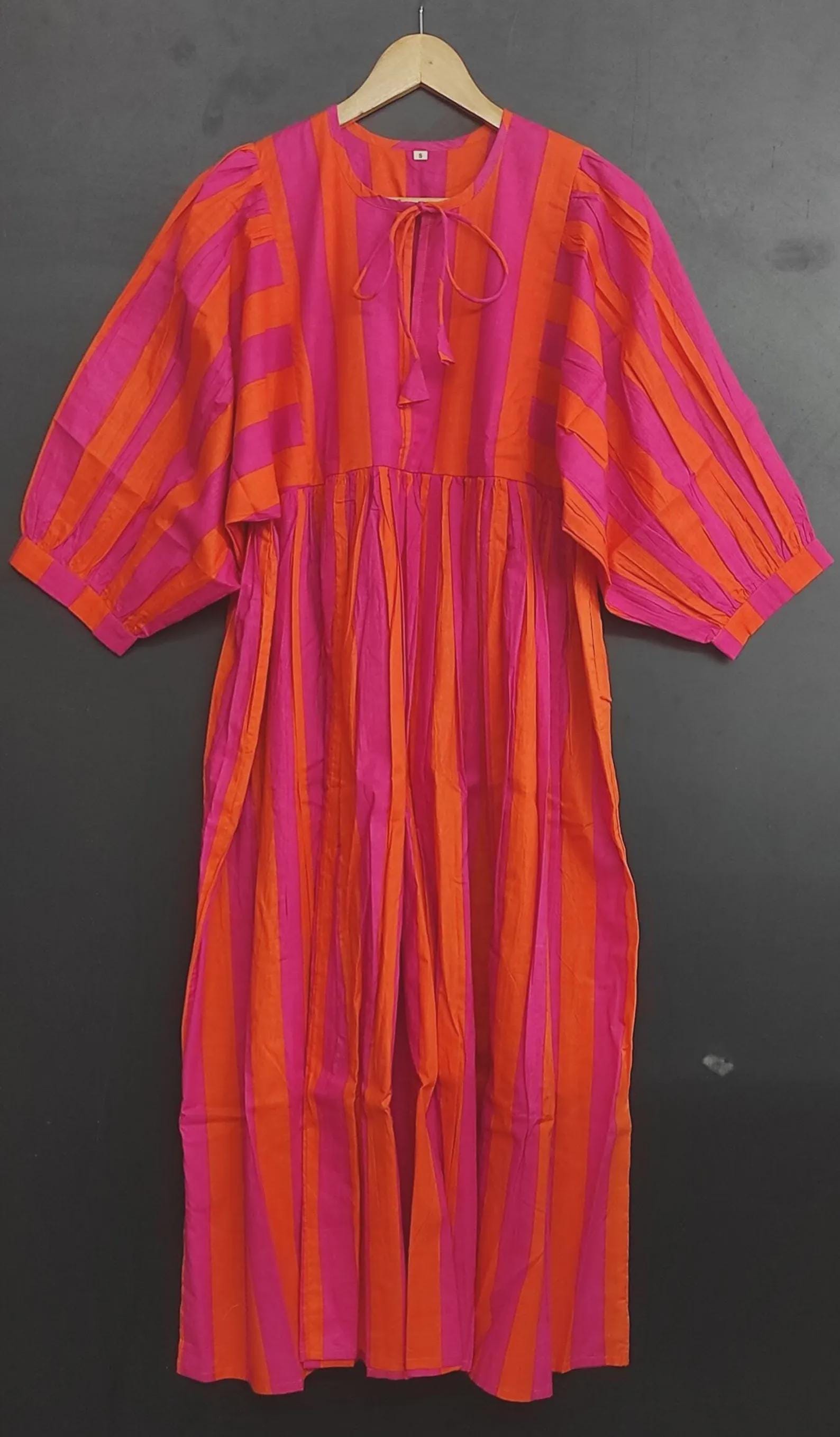 Striped Cotton Midi Dress | Orange Pink Boho Summer Dress - Etsy Israel
