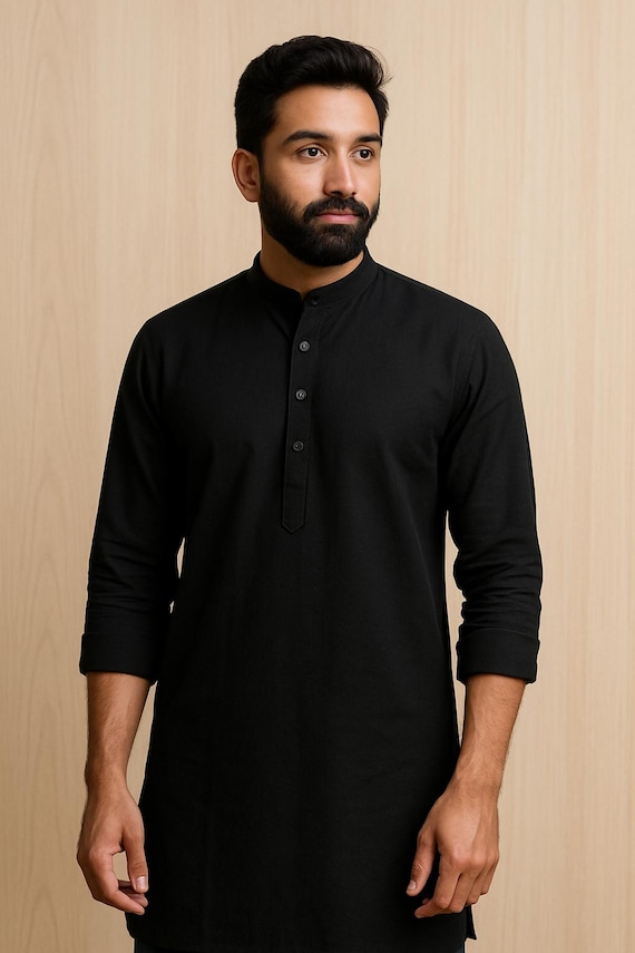 Black Cotton Kurta for Men: Indian Ethnic Wear, Summer Comfort