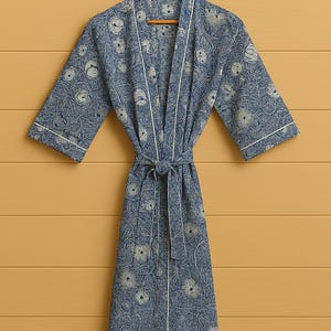 Indigo Blue Cotton Kimono Robe, Block Print Dressing Gown, Handmade Summer Nightwear, Boho Bathrobe, One Size Loungewear