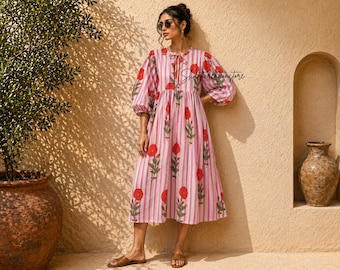 Pink Floral Cotton Midi Dress, Striped Balloon Sleeve, Block Print Boho Style