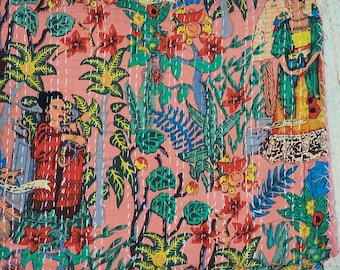 Peach Frida Kantha Quilt | Boho Jungle Art Bedspread