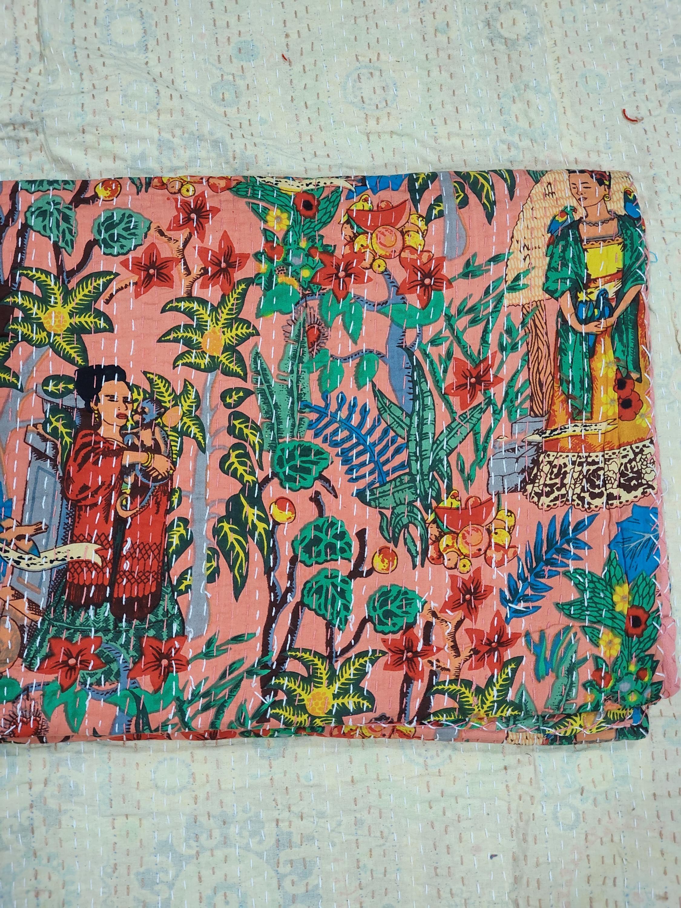 Frda Kahlo Cotton Kantha Qult Pure Cotton Kantha Throw Blanket