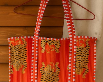 Handmade Quilted Cotton Tote Bag: Orange Lion Print Ethnic Carryall