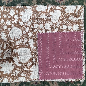 Rustic Brown Kantha Quilt: Floral Boho Cotton Bedspread
