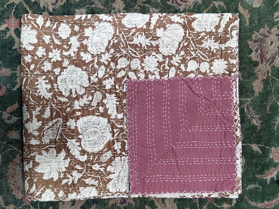 Rustic Brown Kantha Quilt: Floral Boho Cotton Bedspread