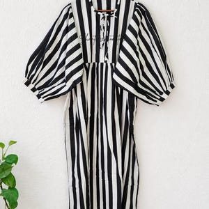 Black White Stripe Cotton Dress, Puff Sleeve Boho Summer Midi Dress image 3
