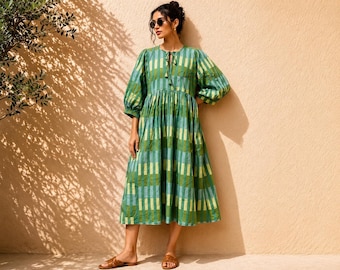 Green Stripe Cotton Midi Dress, Boho Pockets, Balloon Sleeve Cottagecore Outfit