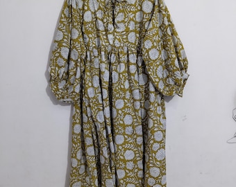 Mustard Floral Handblock Cotton Midi Dress: Boho Indian Block Print