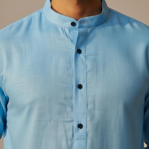 Kurta da uomo in cotone bianco: abbigliamento etnico indiano, fatto a mano Sky blue