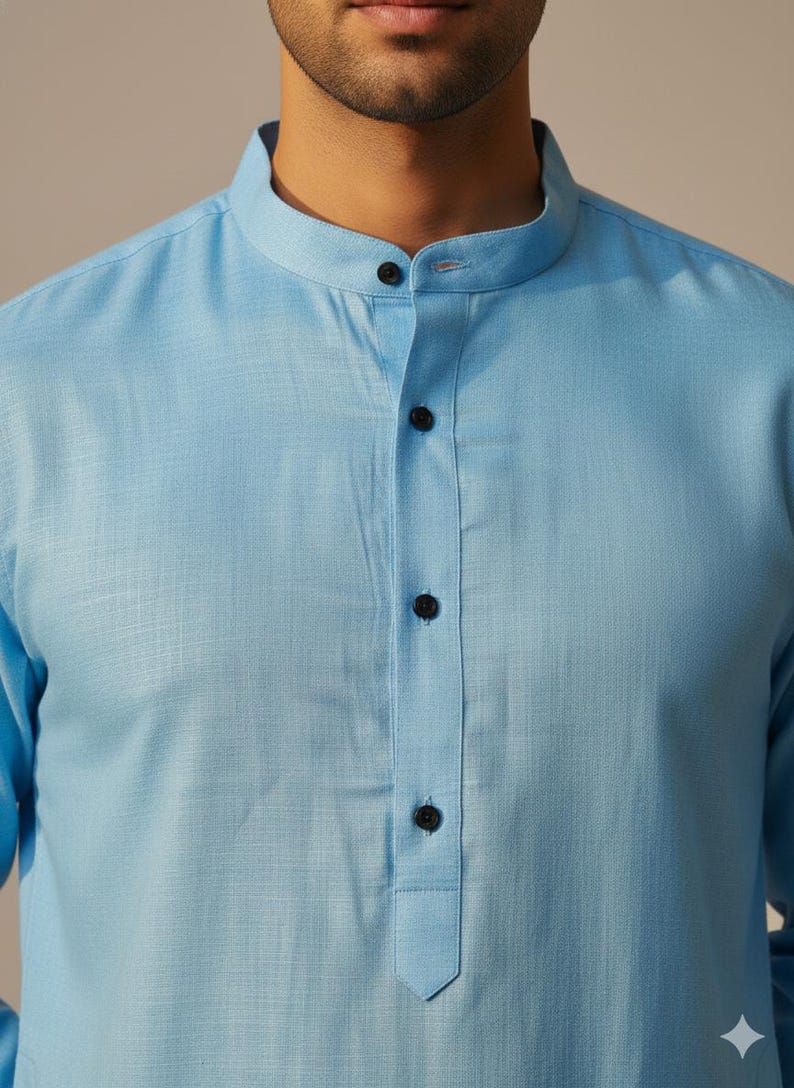Kurta da uomo in cotone bianco: abbigliamento etnico indiano, fatto a mano Sky blue