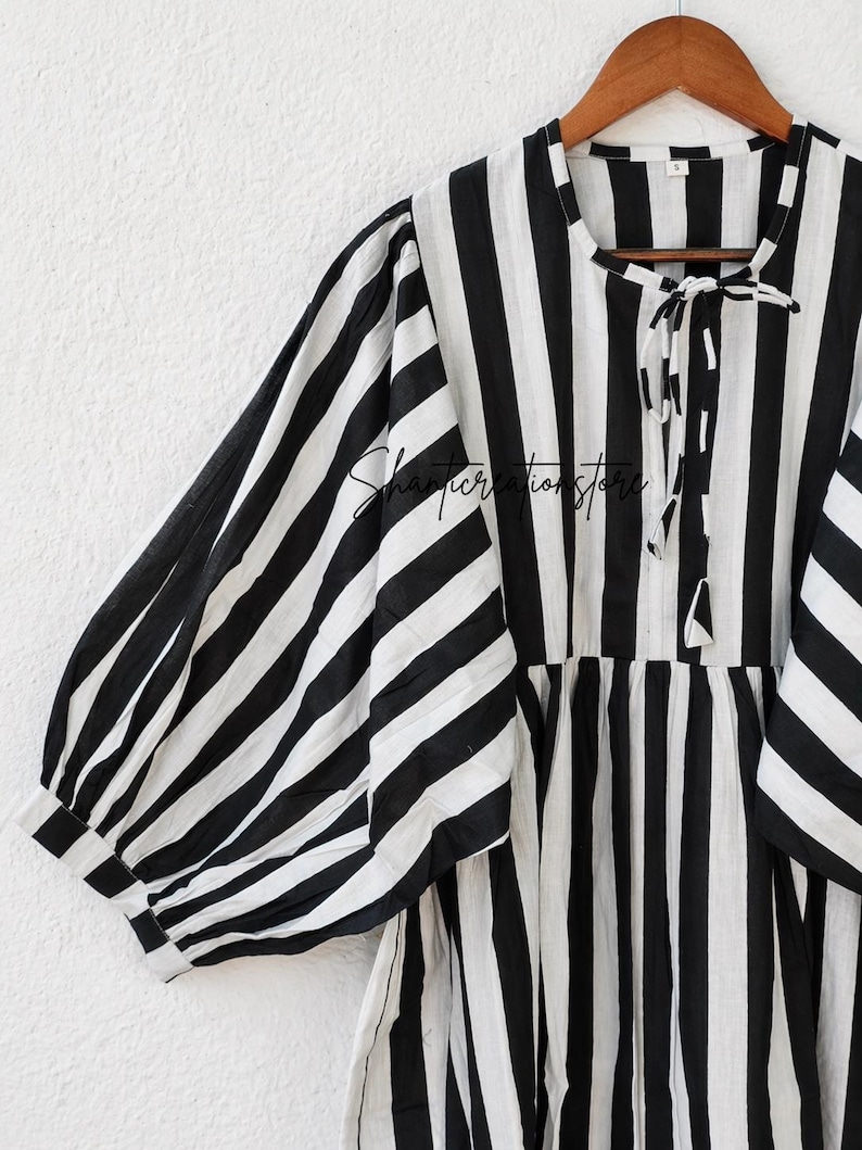 Black White Stripe Cotton Dress, Puff Sleeve Boho Summer Midi Dress image 2