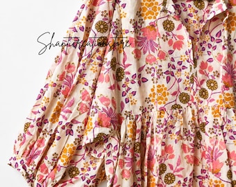 Boho Floral Cotton Midi Dress, Handmade Puff Sleeve, Pockets, Cottagecore Outfit