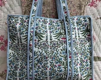 Handmade Floral Block Print Cotton Tote Bag: Large Boho Shopping Bag