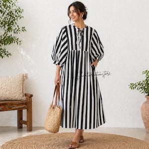 Black White Stripe Cotton Dress, Puff Sleeve Boho Summer Midi Dress image 1