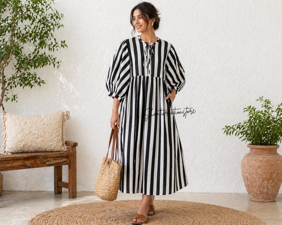 Black White Stripe Cotton Dress, Puff Sleeve Boho Summer Midi Dress