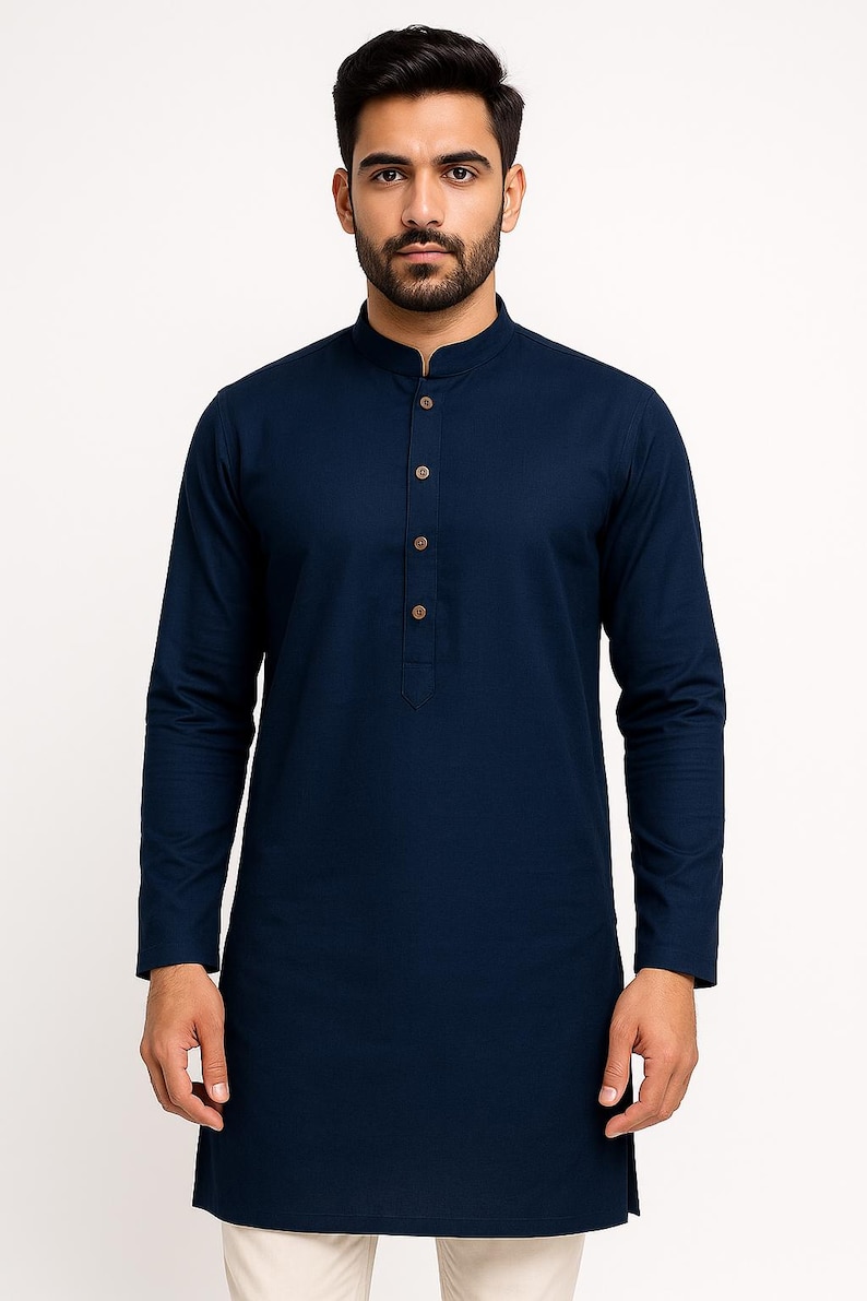 Kurta da uomo in cotone bianco: abbigliamento etnico indiano, fatto a mano Blu