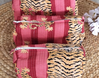 Tibetan Tiger Print Toiletry Bag Set: 3-Piece Quilted Cotton Cosmetic Bags