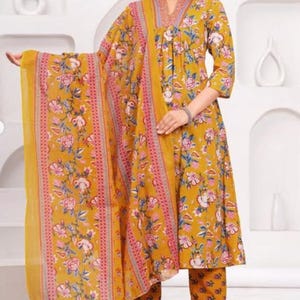 Yellow Floral Cotton Kurti Set: Hand Printed Indian Anarkali with Dupatta