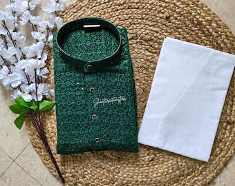 Set pigiama Kurta Chikankari da uomo – Puro cotone lavorato a mano Lucknow – Tradizionale abbigliamento da festa indiano