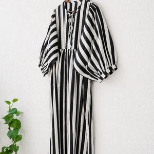 Black White Stripe Cotton Dress, Puff Sleeve Boho Summer Midi Dress image 7