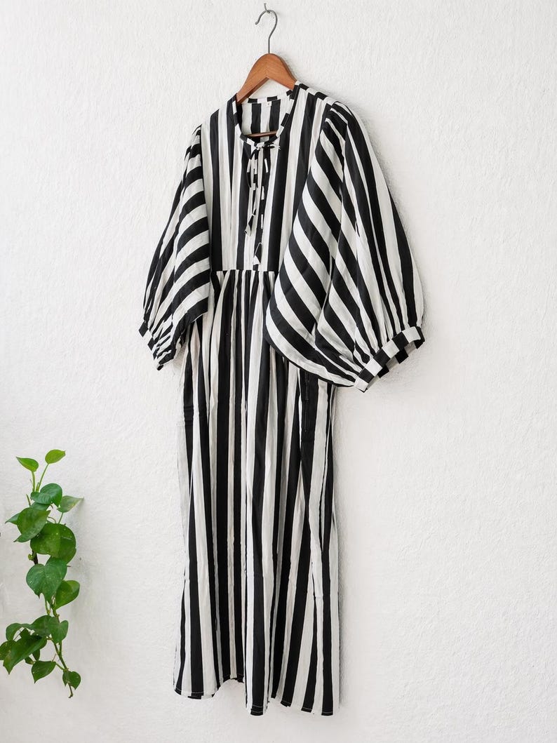 Black White Stripe Cotton Dress, Puff Sleeve Boho Summer Midi Dress image 7