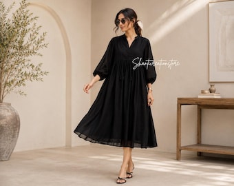 Handmade Black Cotton Midi Dress, Boho Pockets, Balloon Sleeve Cottagecore Outfit, Summer dress