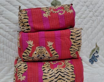 Block Print Toiletry Bag Set: Red Tiger Print Quilted Cotton Cosmetic Bags