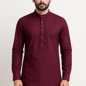 Kurta da uomo in cotone bianco: abbigliamento etnico indiano, fatto a mano Marron ( Red )