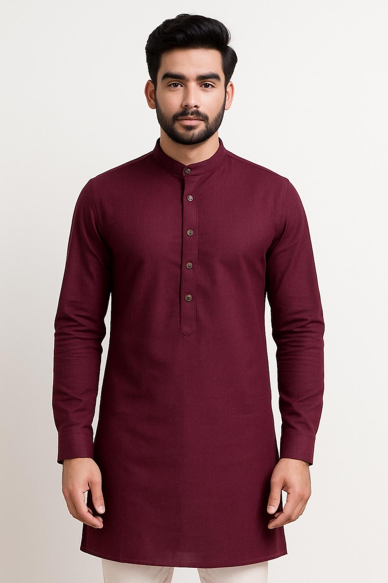 Kurta da uomo in cotone bianco: abbigliamento etnico indiano, fatto a mano Marron ( Red )