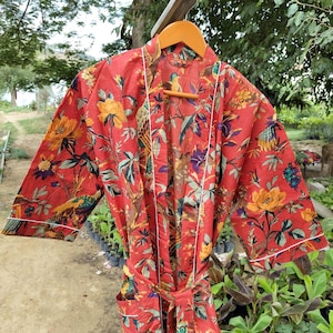 Red Floral Kimono Robe: Tropical Bird Cotton Bathrobe