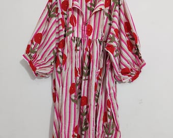 Embroidered Floral Cotton Midi Dress: Pink Striped Boho Summer Dress