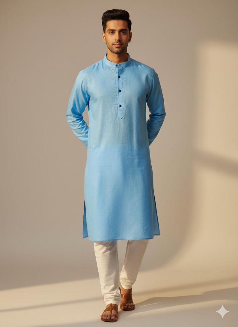May include: A light blue kurta with a mandarin collar and long sleeves. The kurta features a button-down front and is worn with white trousers. This is a traditional Indian garment, suitable for casual or formal occasions.