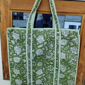 Handmade Green Floral Block Print Cotton Tote Bag: Reversible Quilted Shopper