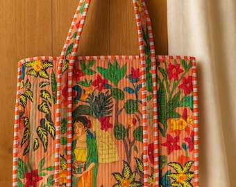 Frida Inspired Quilted Cotton Tote Bag: Reversible Indian Handmade Boho Art
