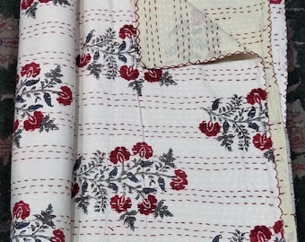 Red Floral Kantha Quilt: Handmade Cotton Boho Bedspread