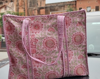 Handmade Pink Floral Tote Bag: Large Cotton Block Print Shoulder Bag