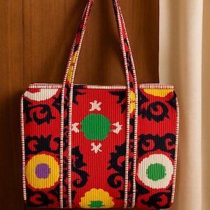 Handmade Red Cotton Quilted Tote Bag: Indian Floral Print, Reversible