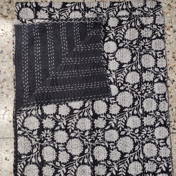 Black & White Floral Kantha Quilt: Reversible Indian Cotton Bedding