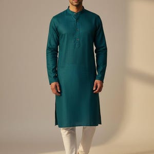 Kurta da uomo in cotone bianco: abbigliamento etnico indiano, fatto a mano Dark Teal