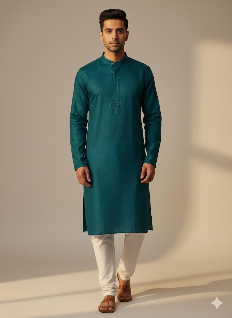 Kurta da uomo in cotone bianco: abbigliamento etnico indiano, fatto a mano Dark Teal