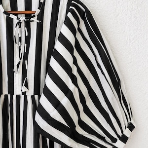 Black White Stripe Cotton Dress, Puff Sleeve Boho Summer Midi Dress image 5
