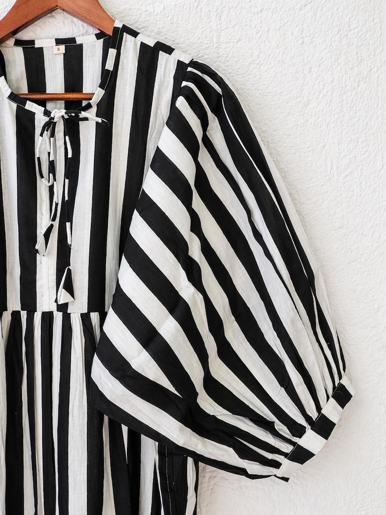Black White Stripe Cotton Dress, Puff Sleeve Boho Summer Midi Dress image 5
