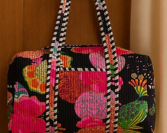 Quilted Cotton Floral Duffle Bag: Handmade Indian Boho Travel Gym Bag