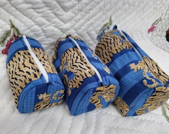 Block Print Toiletry Bag Set: Royal Blue Tiger, Quilted Cotton
