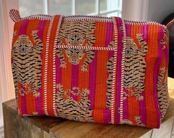 Orange Pink Tiger Print Duffle Bag | Handmade Cotton Travel Weekender