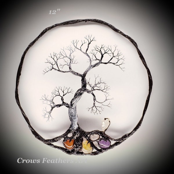 Circle Of Life, Family Tree sculpture, Carnelian, Citrine, Amethyst, Quartz, home wall decor, unique art, special gift, crowsfeathers art