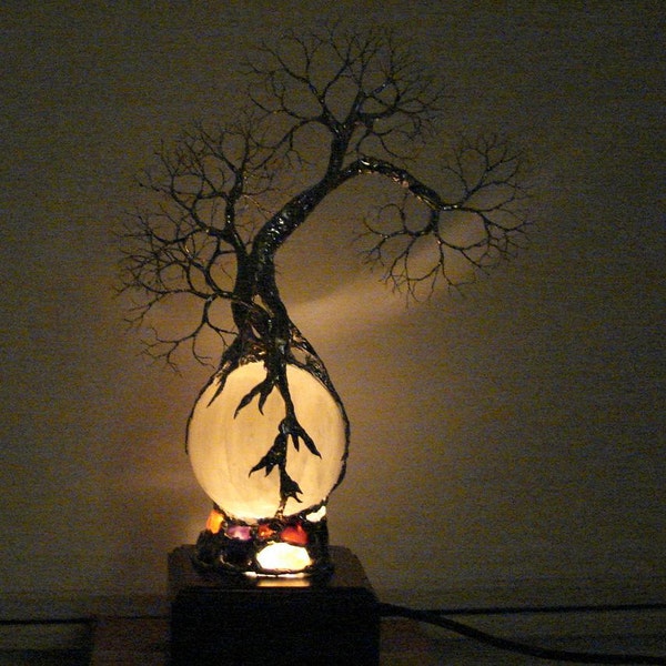 Full Moon Rising Wire Tree Of Life Grove Spirit sculpture on natural White Selenite Sphere Gemstones Lamp, original art, home decor, LP11