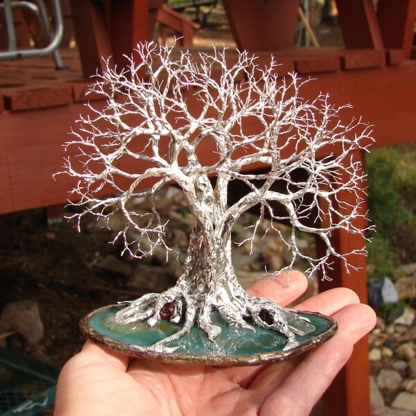 Wire Tree Of Life Grove Tree Spirits sculpture Green Brazil Quartz Geode Agate slice, Quartz Crystal, Garnet, original art, gift ideas