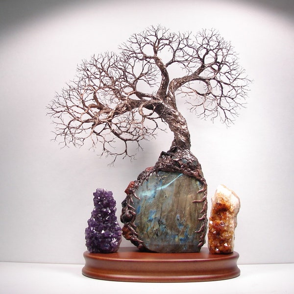 Sculpture de l'arbre de vie esprit de lumière Labradorite Aquamarine Tourmaline Jasper de fil, bois de base, original art, mariage, anniversaire LAB 1