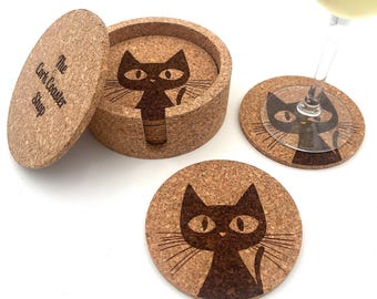 Kitten Cork Wine Coasters Set Cat Mid Century Modern Retro MCM Decor